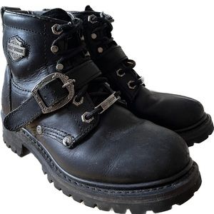 Harley Davidson chunky leather boots with buckle and silver hardware.